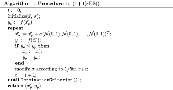 \begin{algorithm}
% latex2html id marker 680
[tbp]
\setcounter{AlgoLine}{0}
\cap...
...ing to $1/5$th rule\;
$t := t+1$\;
}
\Return $( \vec{x_p}, y_p)$
\end{algorithm}